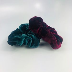 Two Washable Teal and Blue Velvet Scrunchies